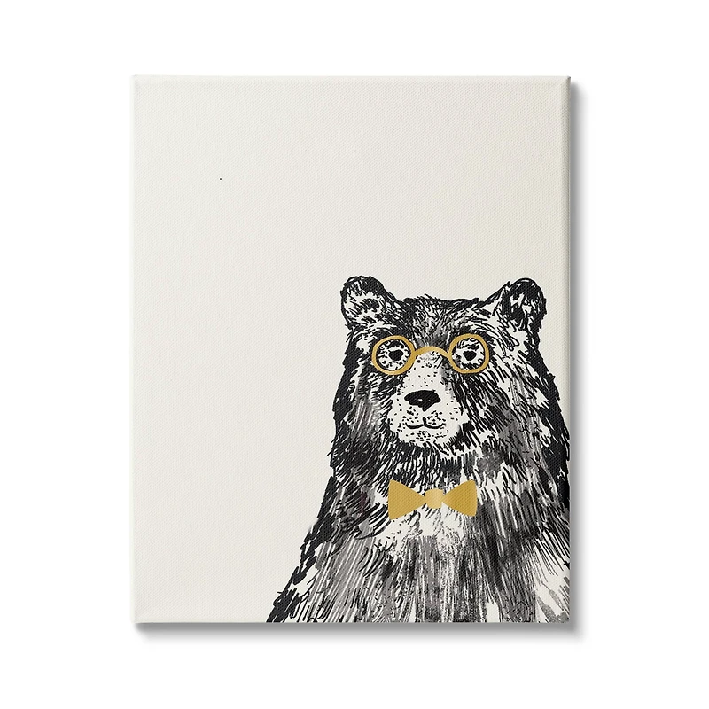Stupell Industries Black Bear Golden Glasses Bow Tie Kids' Animal Canvas Wall Art