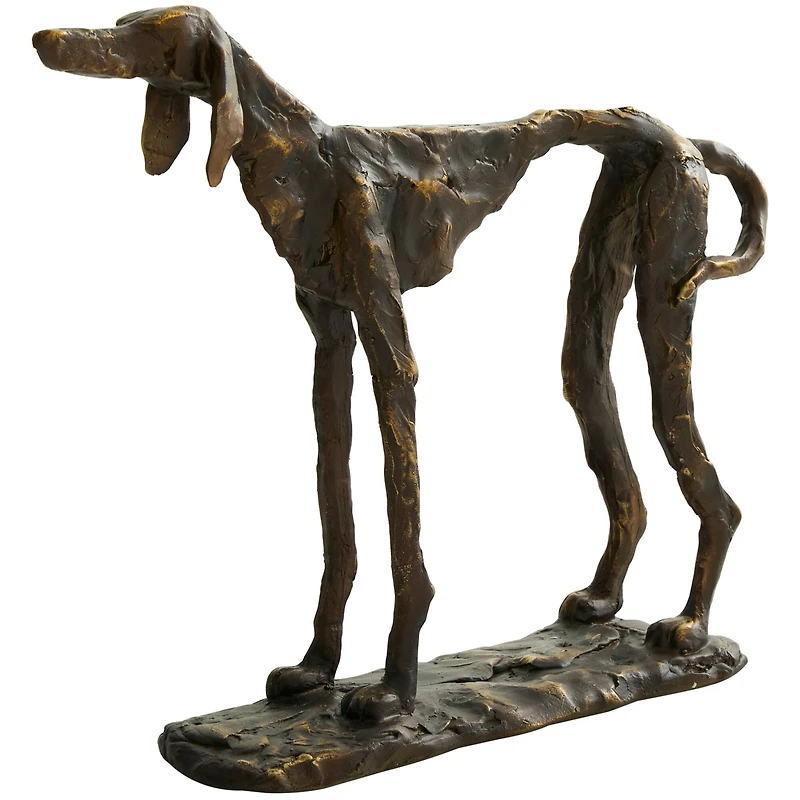 14" Bronze Polystone Distressed Slim Frame Dog Sculpture with Gold Accents