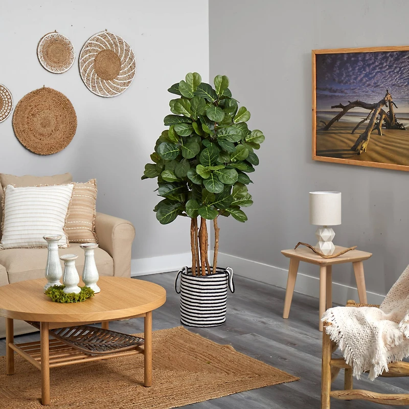 5ft. Fiddle Leaf Fig Artificial Tree in Handmade Black and White Natural Jute and Cotton Planter