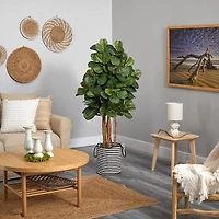 5ft. Fiddle Leaf Fig Artificial Tree in Handmade Black and White Natural Jute and Cotton Planter