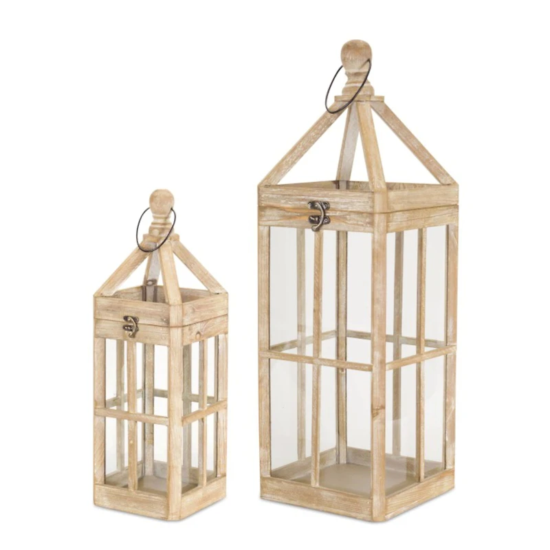 Natural Wooden Lantern Set, 19" & 27"