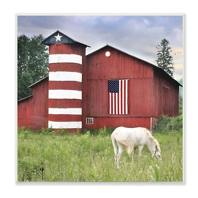 Stupell Industries Grazing White Horse Red Americana Barn Flag Wall Plaque Art