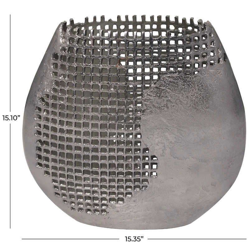 15" Dark Gray Aluminum Grid Inspired Abstract Vase with Open Frame Design
