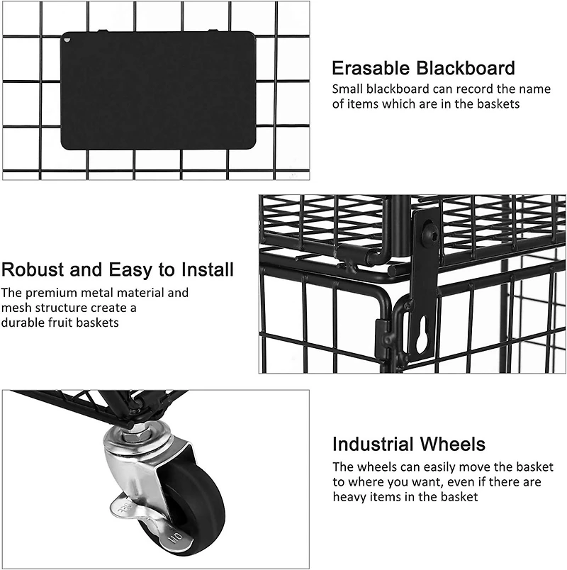 NEX™ Black 4-Tier Wall Mount Storage Basket Organizer with Wheels