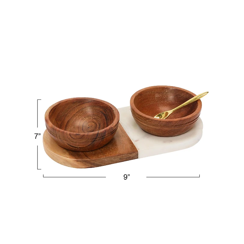 Hello Honey® Acacia Wood & Marble Tray with Acacia Wood Bowl Set