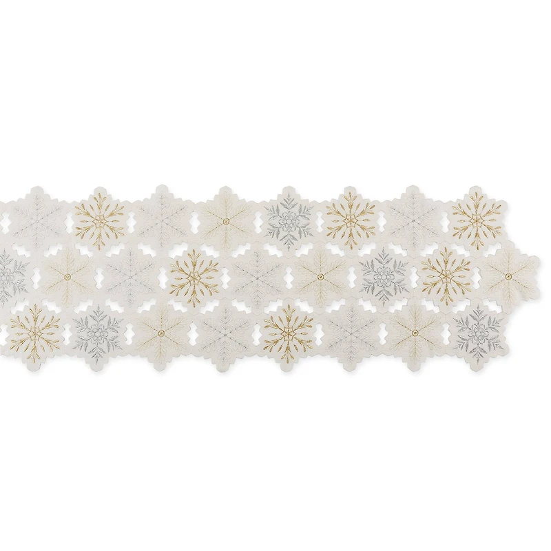 DII® 54" White and Gold Embroidered Snowflakes Table Runner
