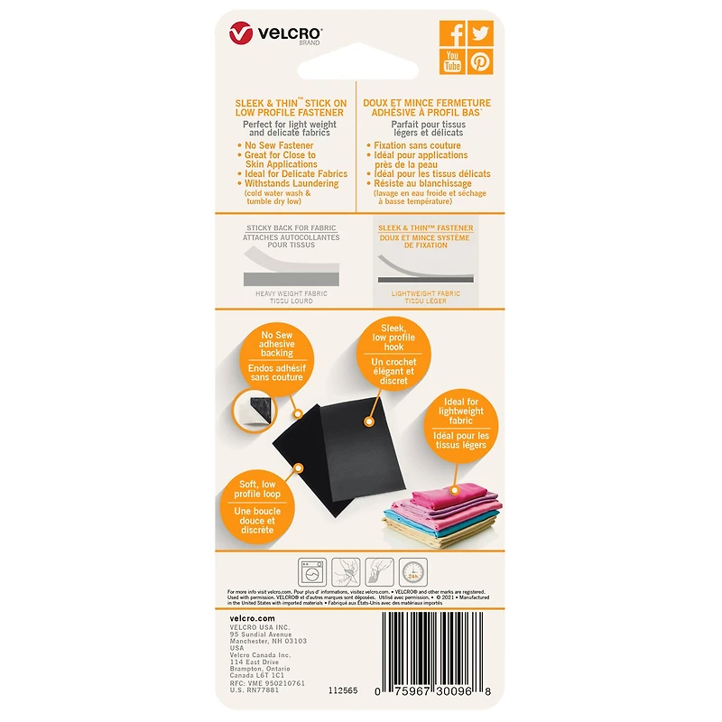 VELCRO® Brand Sleek & Thin™ Stick On Fastener Rectangle
