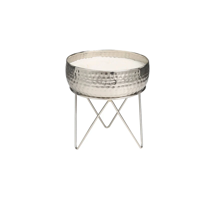 70oz. Campfire Scented White 4 Wick Candle in Silver Bowl with Tripod Stand