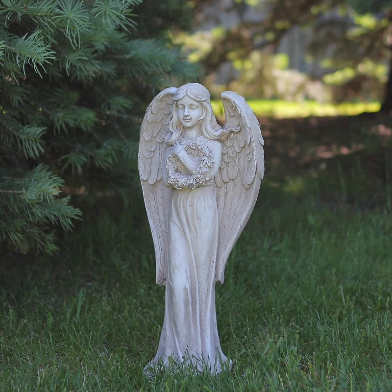 22" Peaceful Angel Holding a Floral Wreath Outdoor Garden Statue