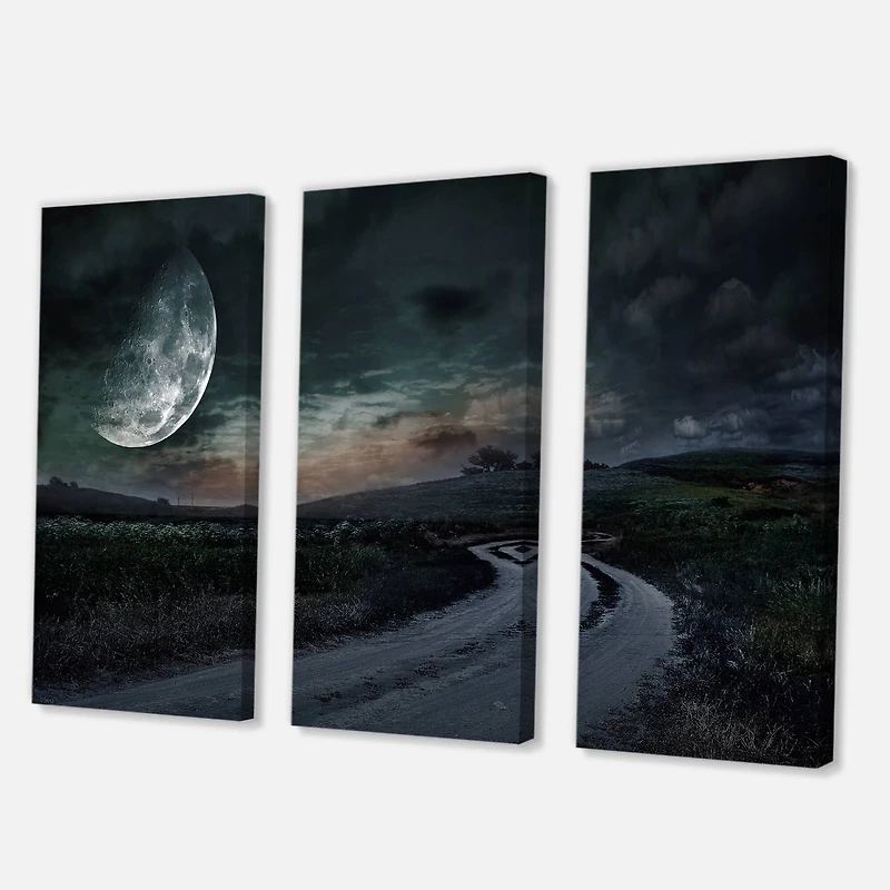 Designart - Rural Road Through The Meadow Under Full Moon
