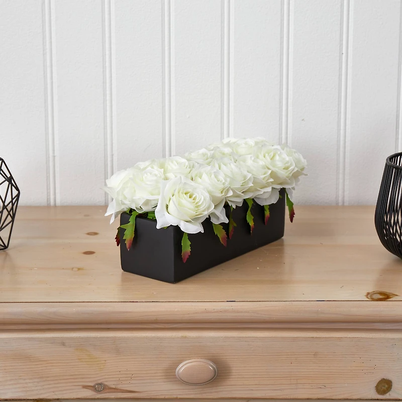 6" White Dozen Roses in Black Rectangular Ceramic Planter