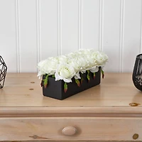 6" White Dozen Roses in Black Rectangular Ceramic Planter
