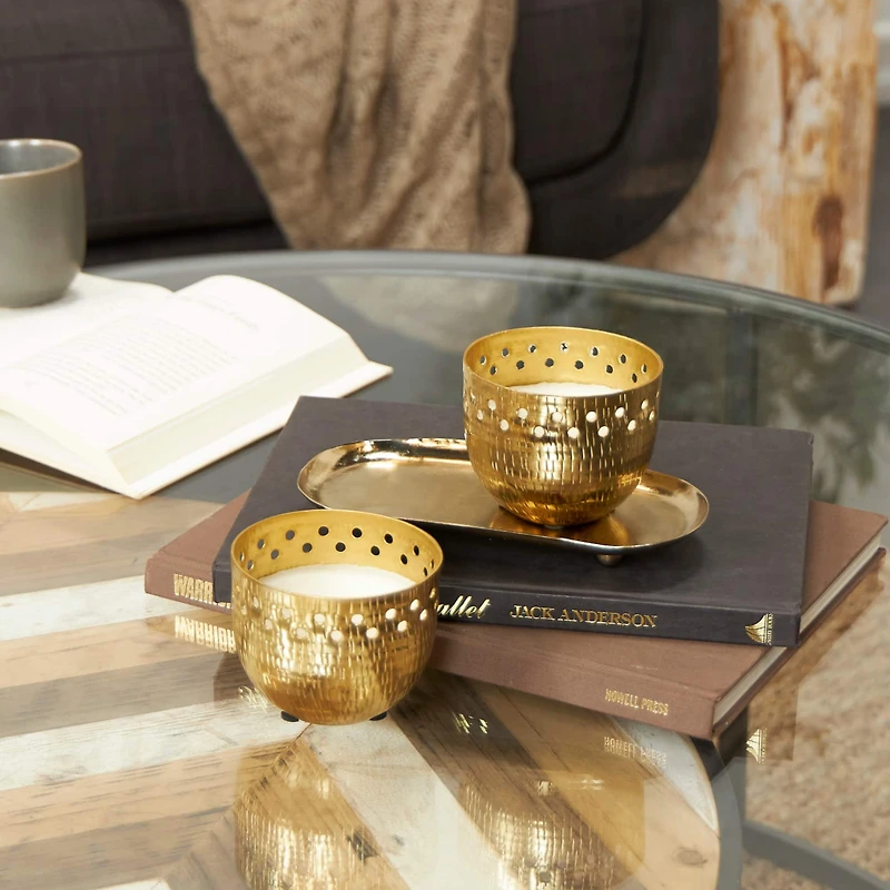 7oz. Jasmine Scented Candles in Cut Out Gold Bowls and Tray
