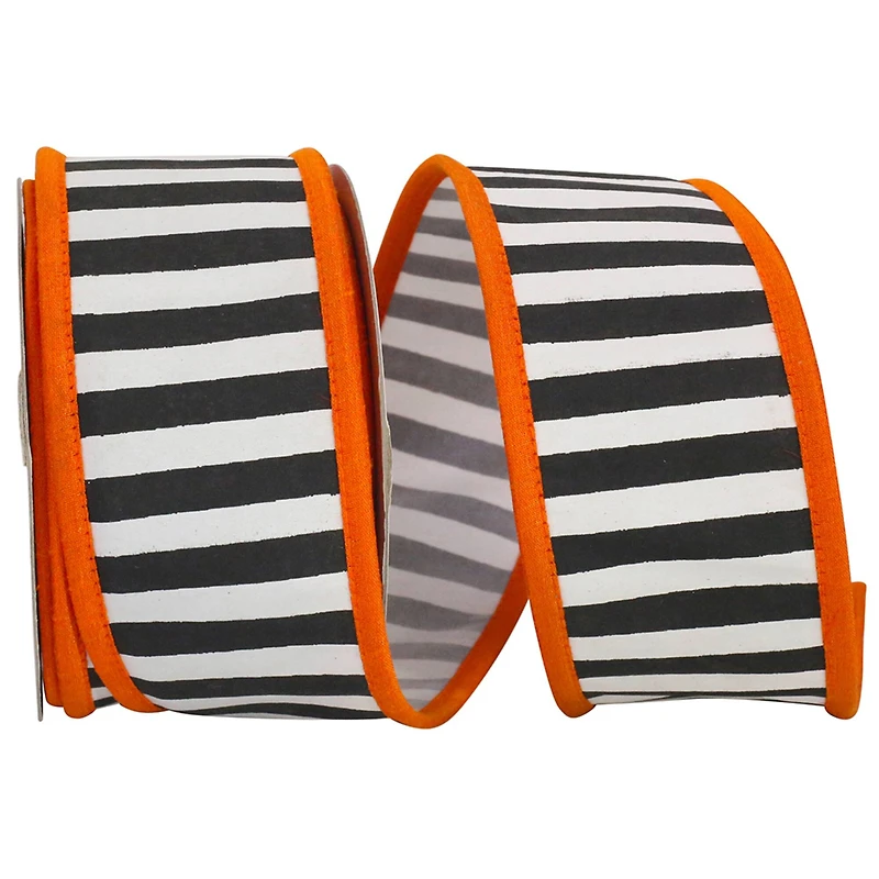 Reliant 2.5" x 10yd. Black & White Railroad Stripes Halloween Wired Ribbon