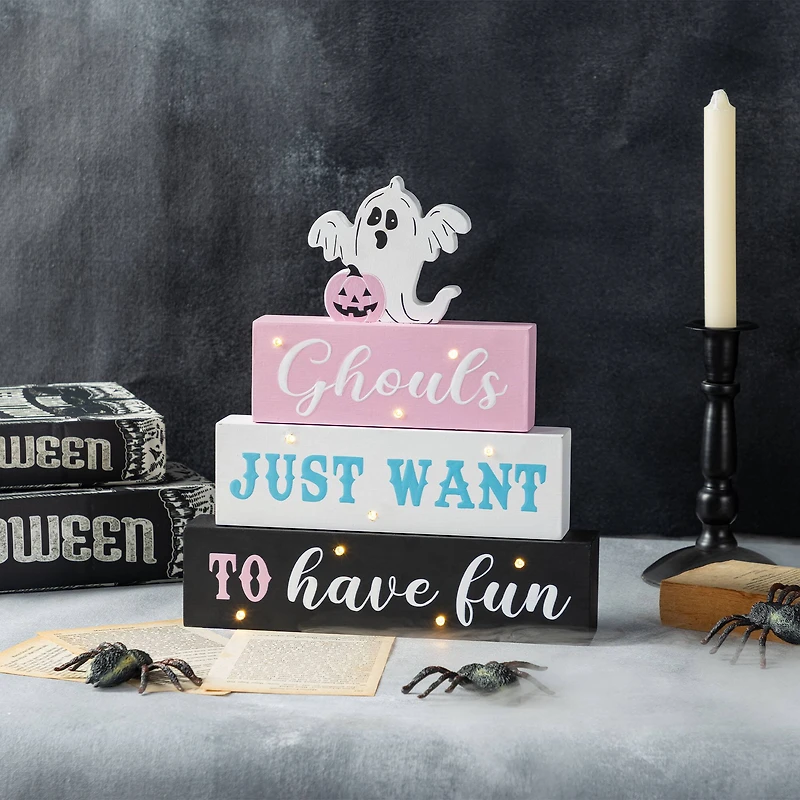 Glitzhome® 11.75"H Halloween Lighted Pink Wooden Ghost Block Word Sign
