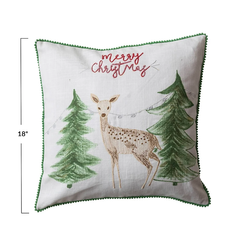 Hello Honey® 18" Embroidered Merry Christmas Deer Cotton Slub Throw Pillow with Pom Pom Trim