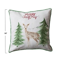 Hello Honey® 18" Embroidered Merry Christmas Deer Cotton Slub Throw Pillow with Pom Pom Trim
