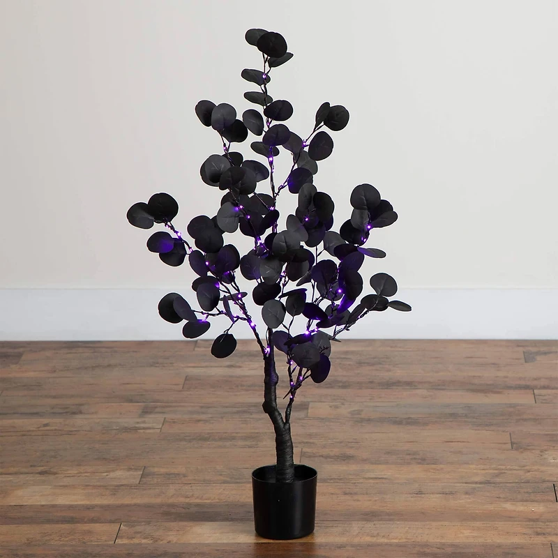 3ft. Pre-Lit Artificial Halloween Black Eucalyptus Tree with 80 Orange & Purple LED Lights