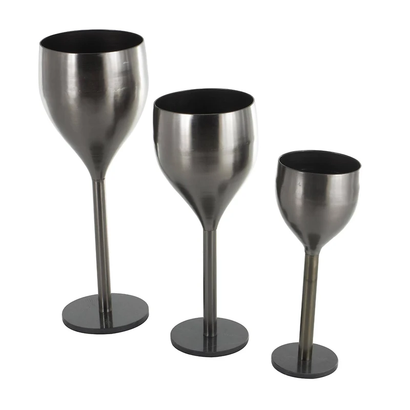 Silver Wine Glass Inspired Metal Planter Set