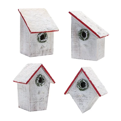 Flocked Wood Birdhouse with Wreath Accent, Set of 4