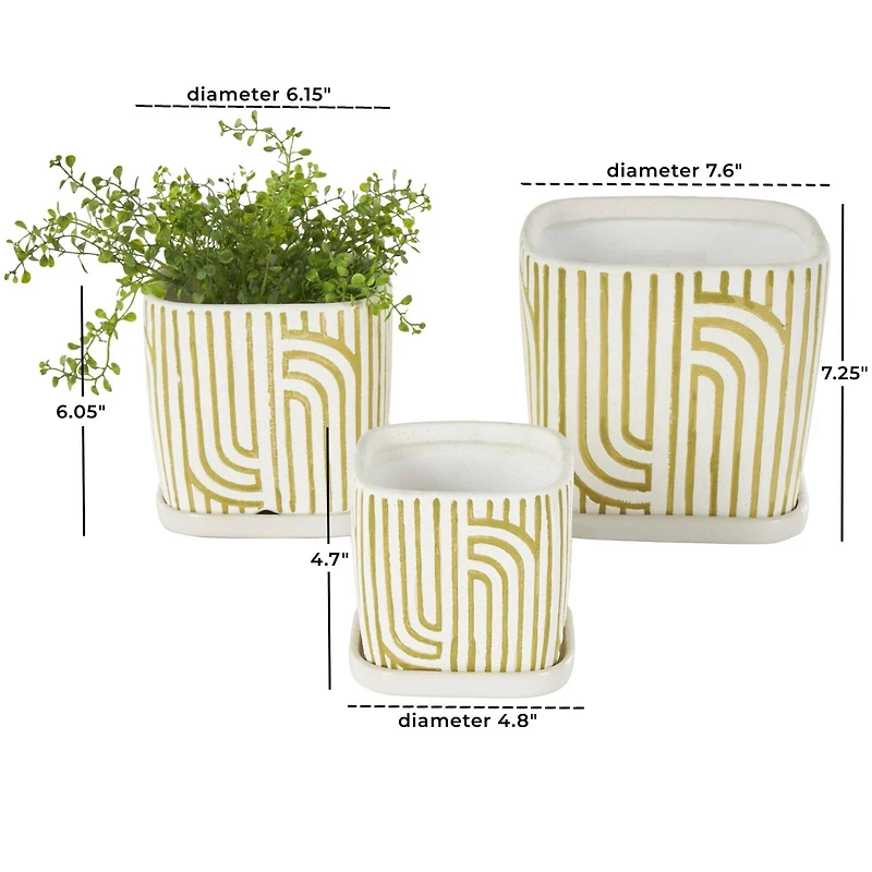 Green Geometric Linear Arch Pattern Ceramic Planter Set