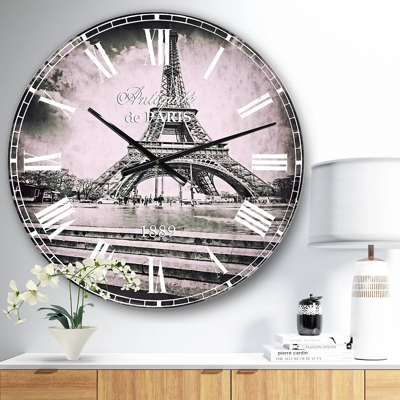 Designart 'Paris Eiffel Towerin Gray Shade French Country Wall Clock