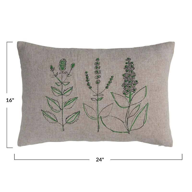 Hello Honey® Hand-Embroidered Botanicals Linen Blend Lumbar Pillow with Kantha Stitch & Flanged Edge