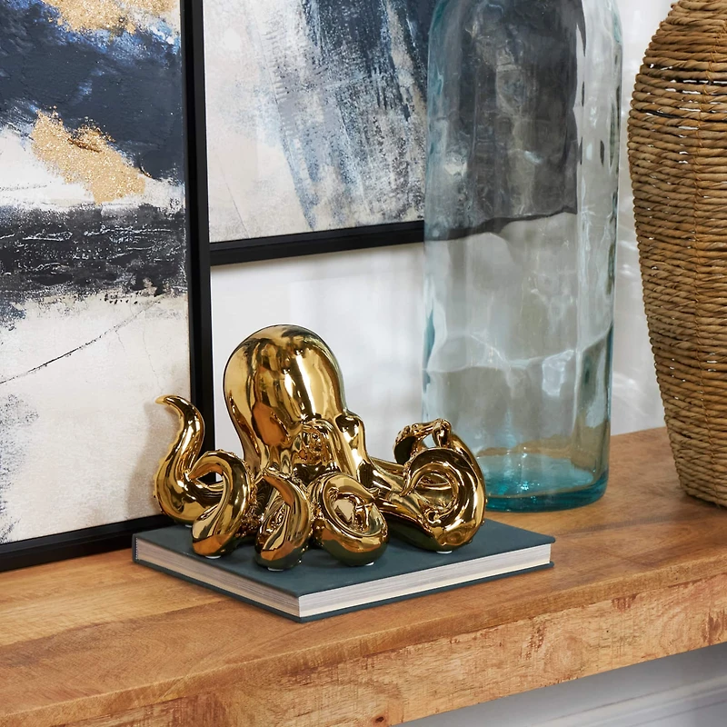 12" Ceramic Octopus Sculpture with Textured Tentacles