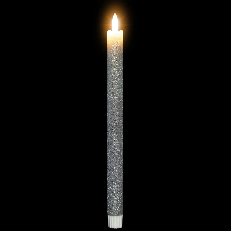 LED Flameless Flickering Taper Glittered Christmas Candles - 11" - Silver - Set 2