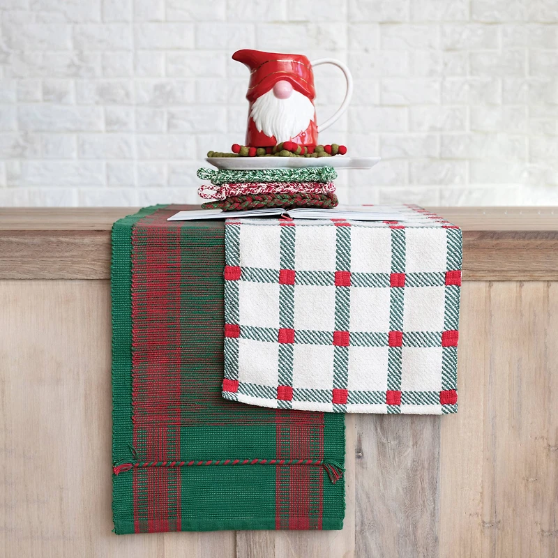 Hello Honey® 72" Green & Red Woven Cotton Table Runner with Stripes