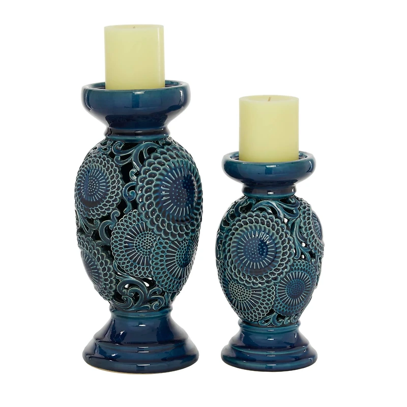 Blue Ceramic Eclectic Candle Holder Set