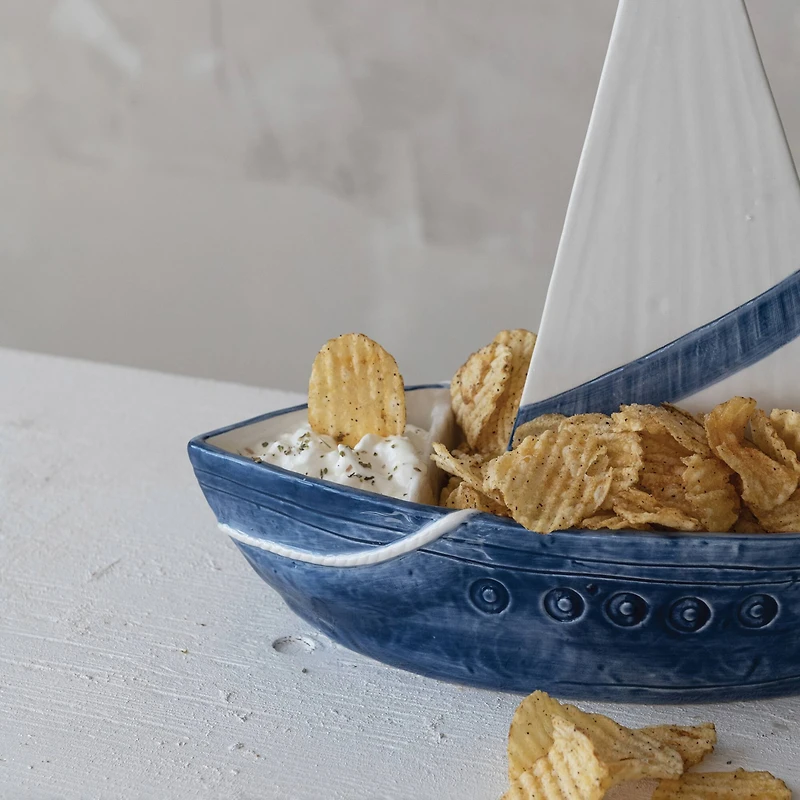 Hello Honey Stoneware Sailboat Shaped Chip and Dip with 2 Sections and Removable Sail, Blue and White