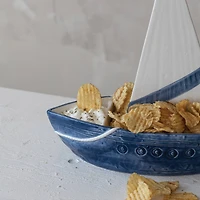 Hello Honey Stoneware Sailboat Shaped Chip and Dip with 2 Sections and Removable Sail, Blue and White