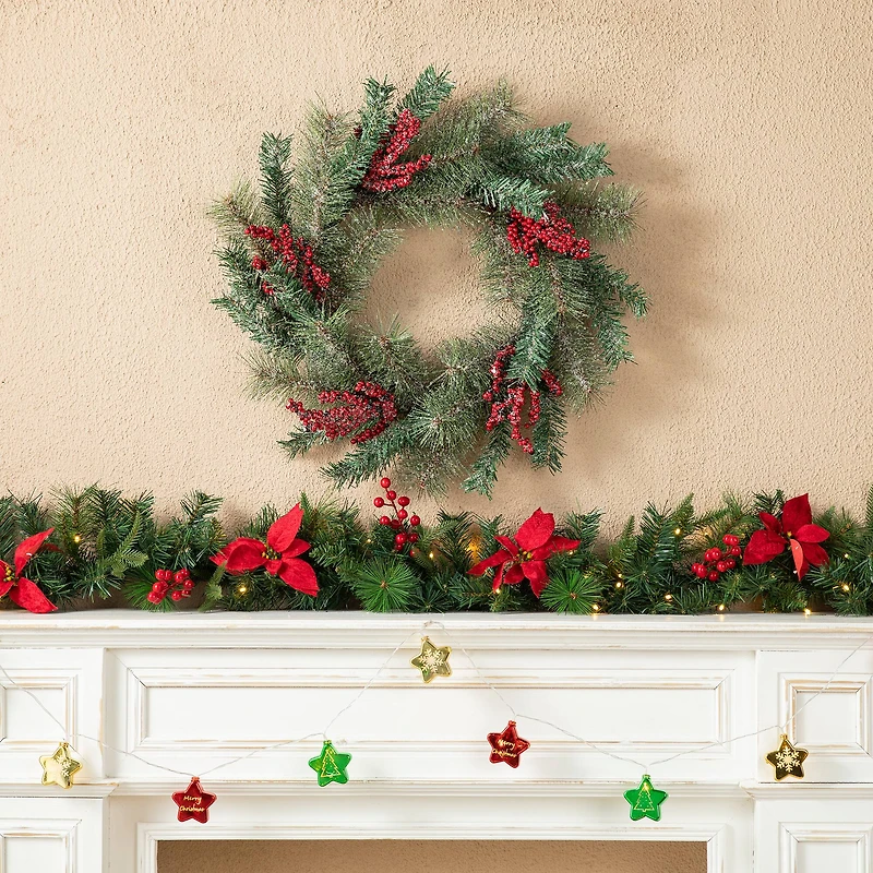 Glitzhome® 24" Christmas Sugared Pine Needle & Berry Wreath