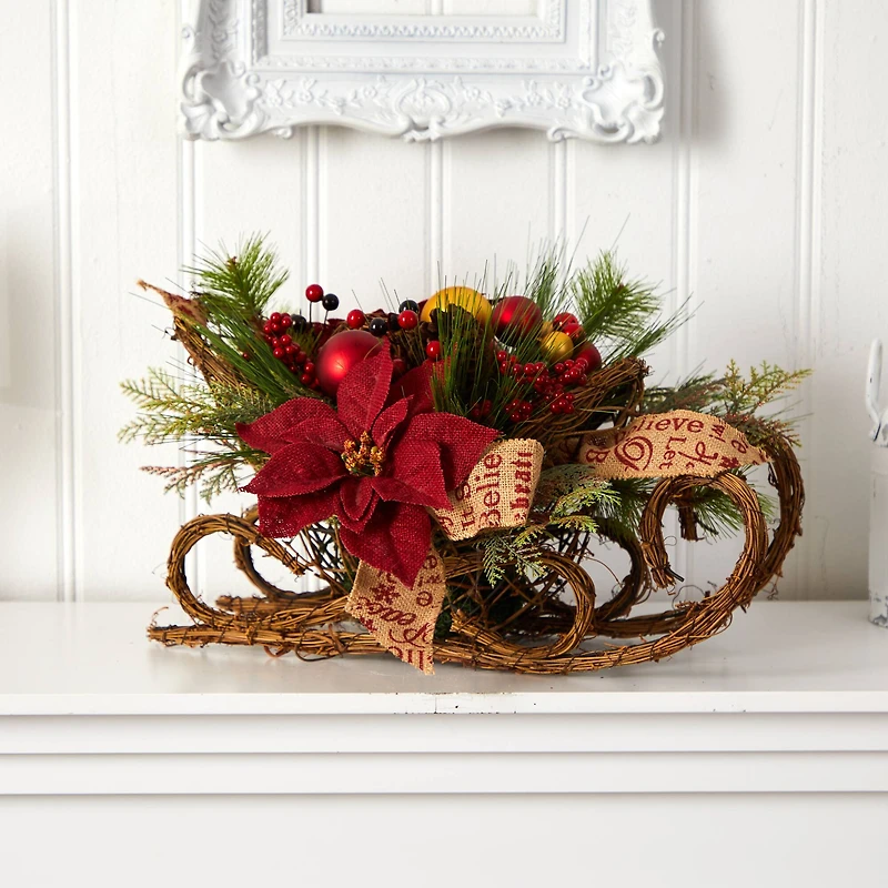 18" Christmas Sleigh with Poinsettia, Berries & Pinecone Artificial Arrangement with Ornaments