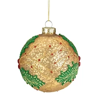 4" Gold Holly Berry Mercury Glass Ball Christmas Ornament