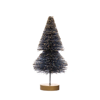 Hello Honey® 8" Blue Sisal Bottle Brush Tree with Gold Glitter & Wood Base