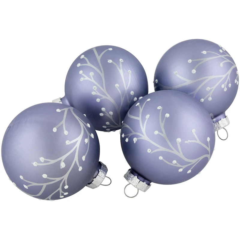 4ct. 2.5" Matte Purple Glass Ball Ornaments with Branch Design