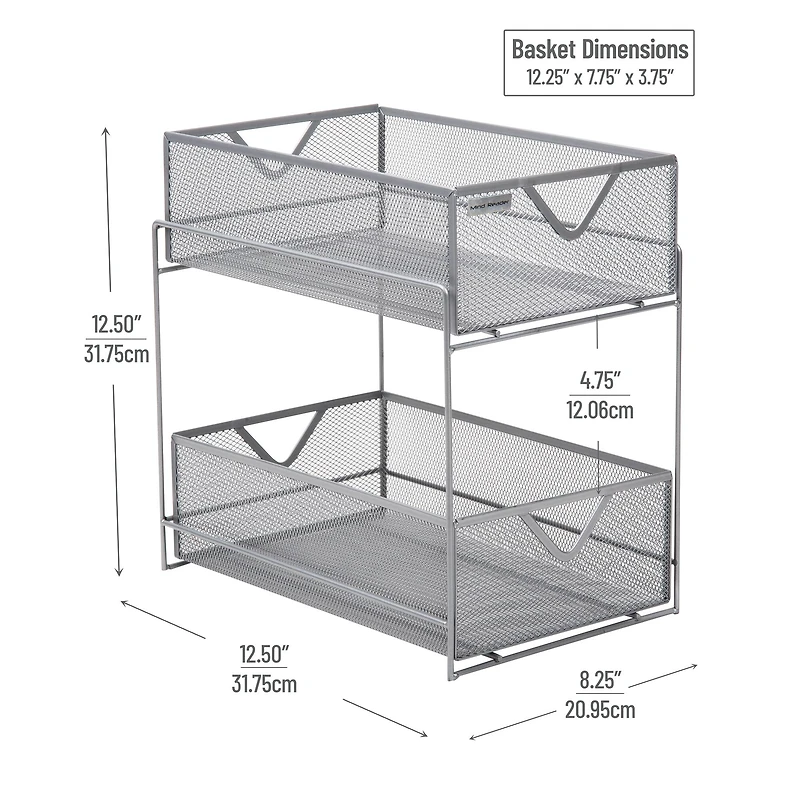Mind Reader Network Collection 2-Tier Silver Sliding Basket Storage, 2ct.