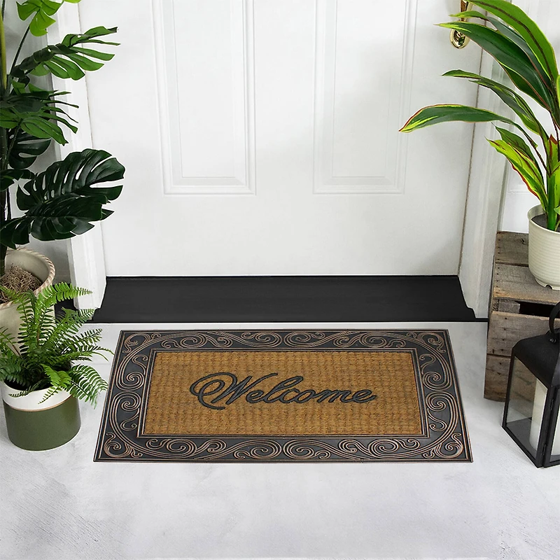 Brown & Black Scrollwork Rectangular Welcome Doormat