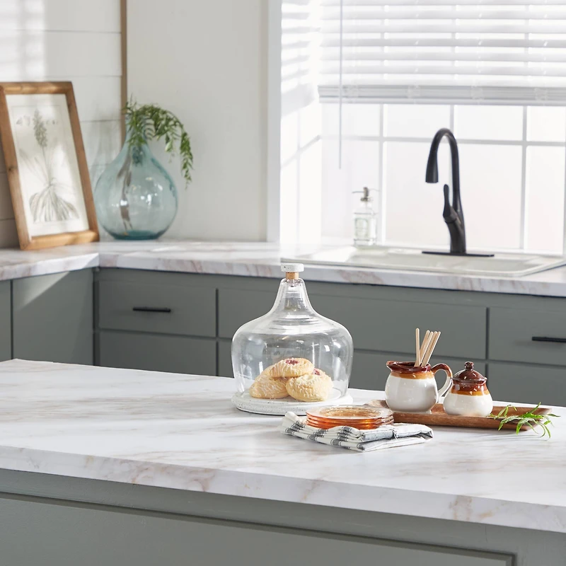 White Stoneware and Glass Contemporary Cake Stand with Cloche, 11" x 9" x 9"