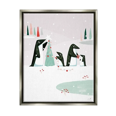Stupell Industries Penguins Decorating Christmas Tree Framed Floater Canvas Wall Art