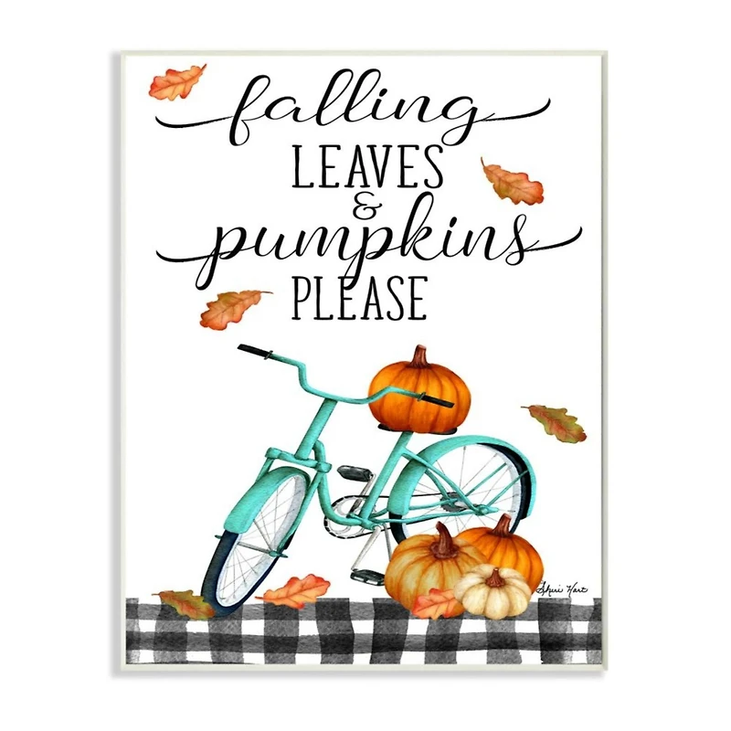 Stupell Industries Fall Leaves Pumpkin Sign Autumn Turquoise Bicycle, 13 x 19