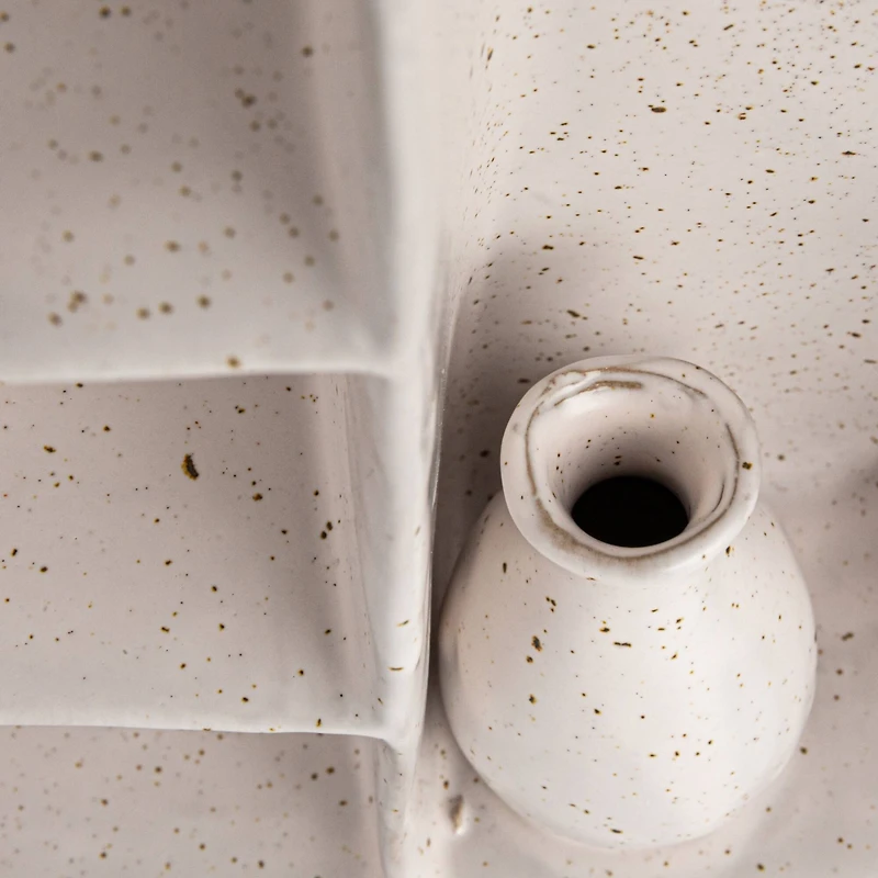 Hello Honey® 8.5" Cream Stoneware Footed Shelf with 4 Compartments & Attached Vase with Reactive Glaze