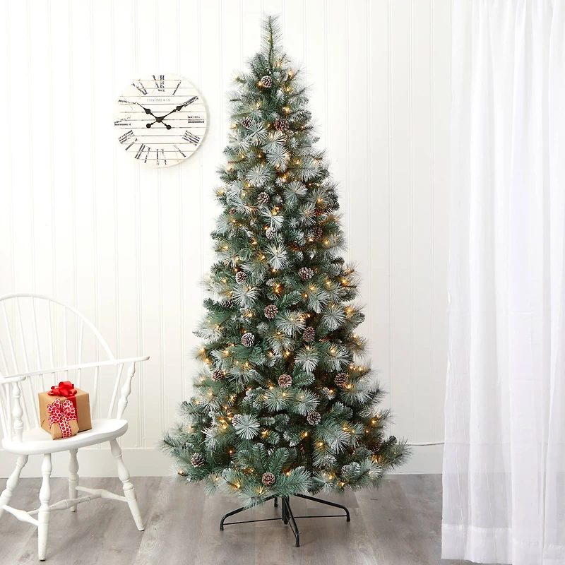7ft. Pre-Lit Frosted Tip British Columbia Mountain Pine & Pinecones Artificial Christmas Tree with Clear Lights