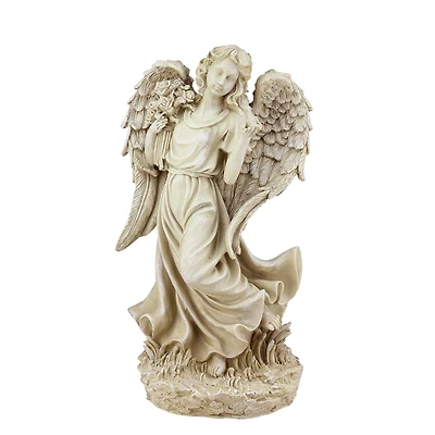 18" Heavenly Gardens Distressed Almond Brown Angel with Bird & Bouquet Outdoor Statue