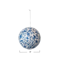 Hello Honey® 5" Blue & Cream Printed Paper Mache Ball Ornament with Flowers & Peacock Feather Design