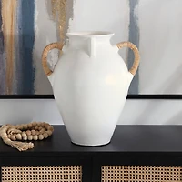 19" White Ceramic Jug Inspired Vase with Rattan Wrapped Handles