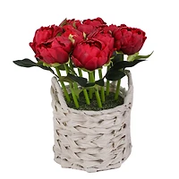 10" Peony Flower Bouquet In White Basket
