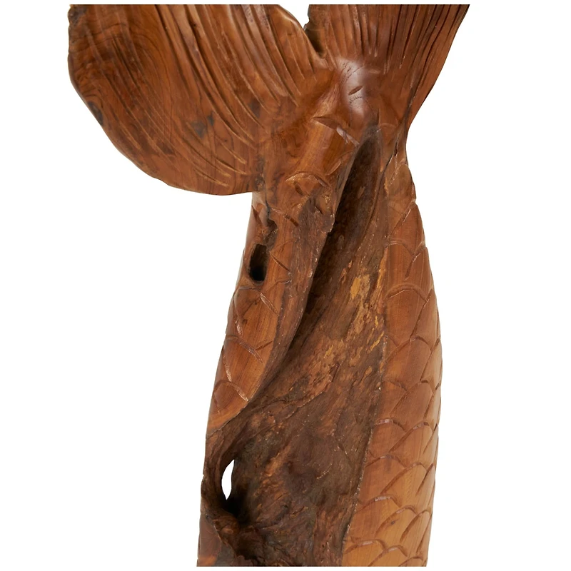 Brown Teak Wood Whale Handmade Tail Live Edge Sculpture with Intricate Carvings Set